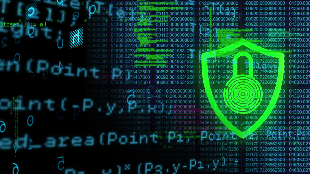 animación del candado de seguridad en línea con huellas dactilares biométricas y procesamiento de datos en segundo plano