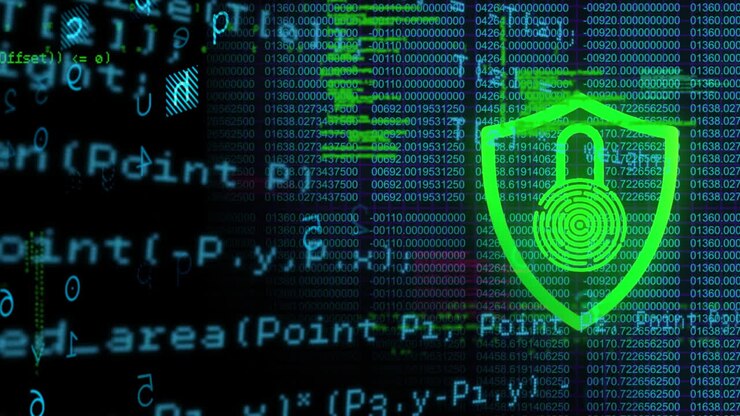 Animation of online security padlock with biometric fingerprint and data processing in background
