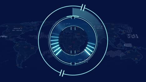 Animation-of-round-scanner-over-world-map-and-data-processing-against-blue-background