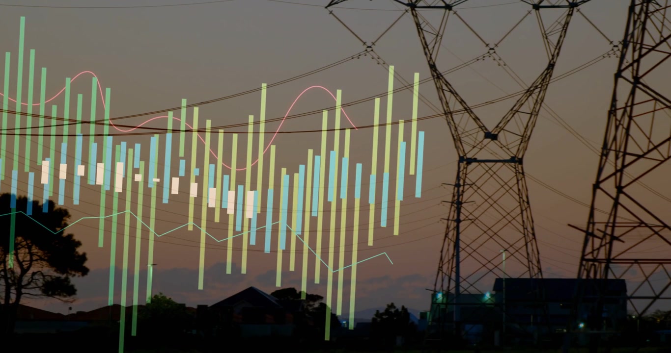 Visualizador entrando pela esquerda, crescendo e varrendo sobre torres enquanto ilustra dados da rede de energia