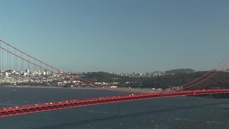 slow panorama pan shot along golden gate bridge with san francisco in the back, california, usa