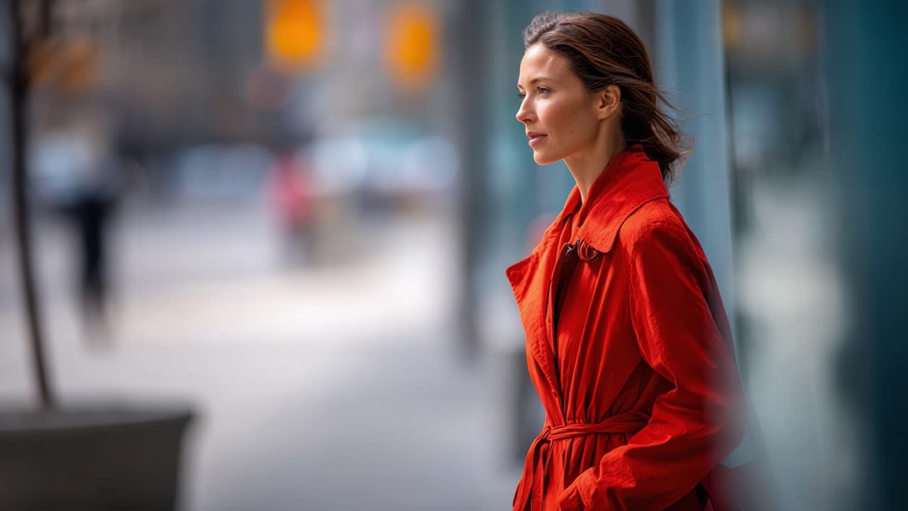 A contemplative woman in a striking red coat stands against a blurred city backdrop, gazing into the distance, embodying the essence of urban grace and style