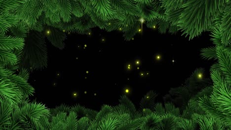 animation of christmas fir tree decorations and glowing lights falling in winter scenery