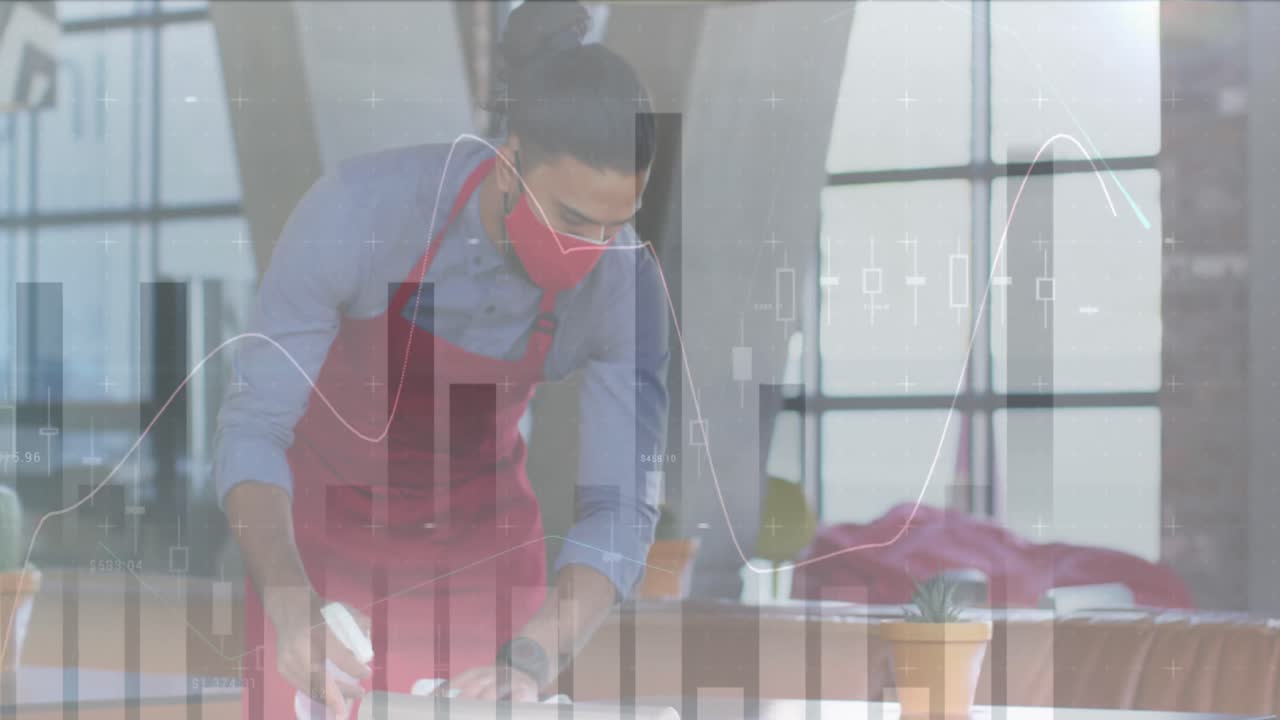 아프리카계 미국인 남성 웨이터가 마스크를 쓰고 테이블을 청소하는 것에 대한 통계 데이터 처리