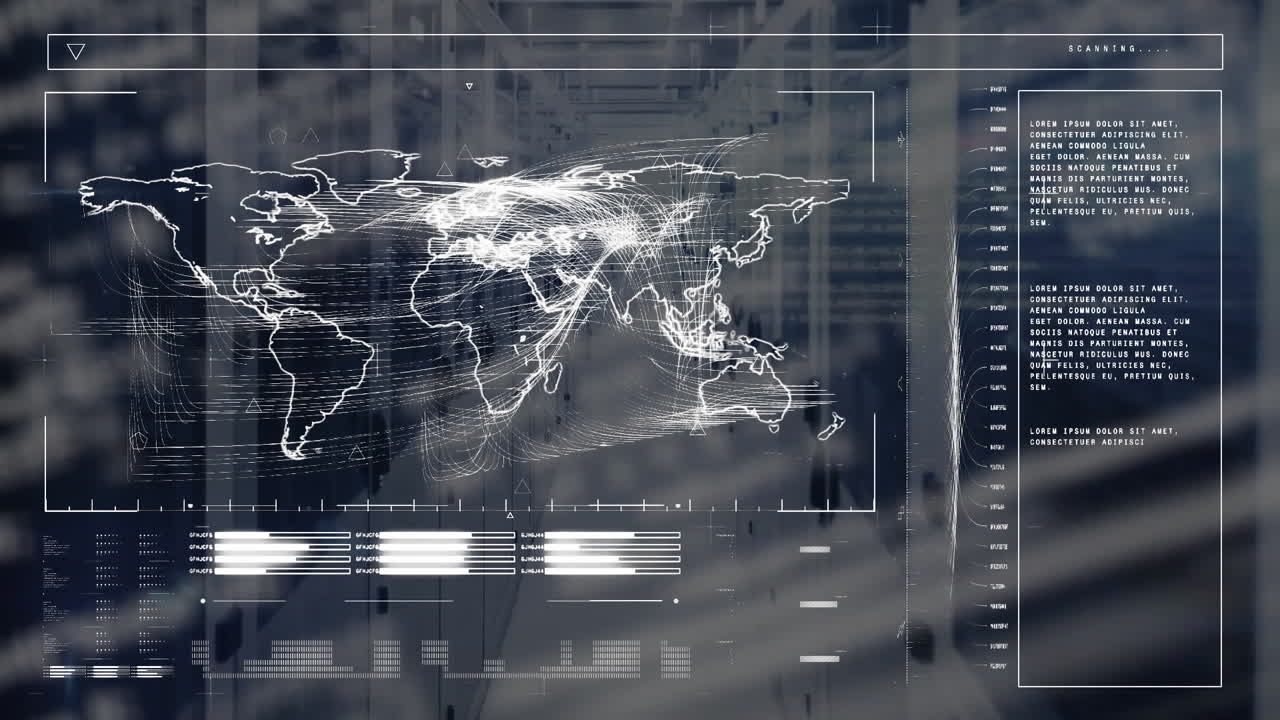 Animation of world map and data processing over computer servers