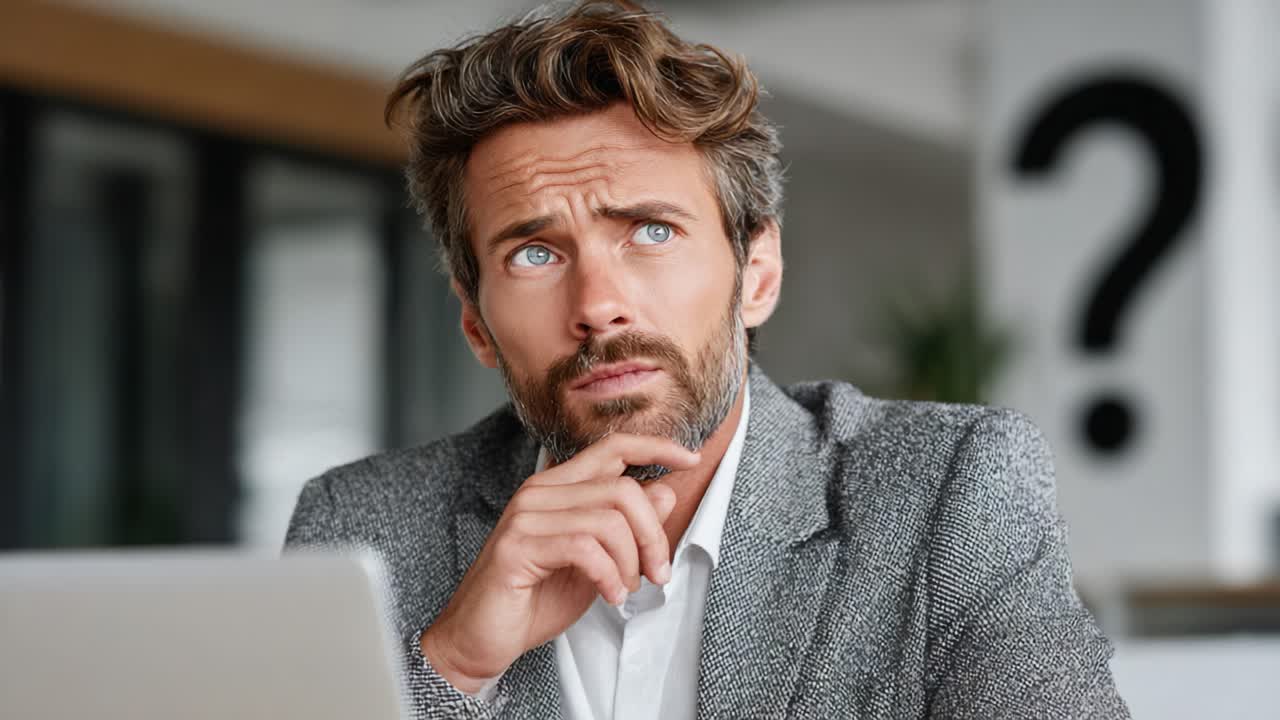 Contemplative Businessman Engaging in Deep Thought, Pondering Solutions to Challenging Problems with a Question Mark in the Background