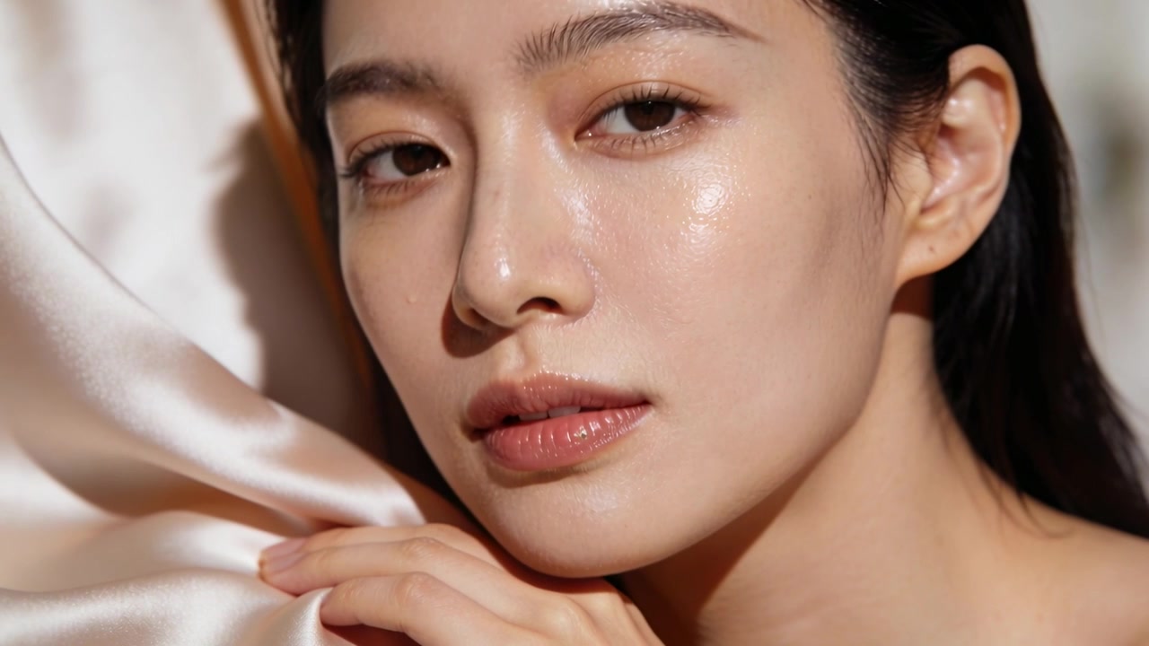 스튜디오에서 신호에 맞춰 스트랩리스 의상을 입고 초상화 촬영을 위해 몸을 기울여 포즈를 취하며 시선을 바꾸고 새틴을 들고 있는 아시아 모델