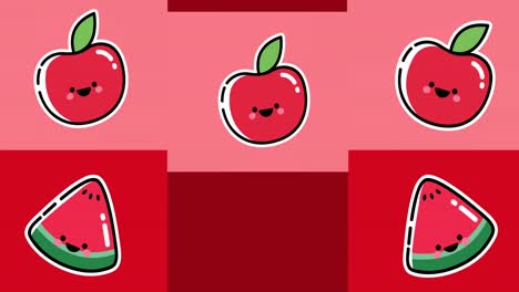 Animation-Von-Wassermelonen--Und-Apfelsymbolen-Auf-Rotem-Hintergrund