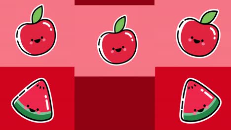 Animación-De-Iconos-De-Sandía-Y-Manzana-Sobre-Fondo-Rojo