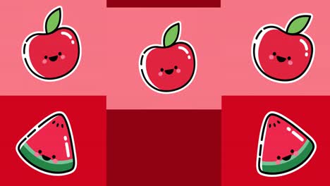 animation of watermelon and apple icons on red background