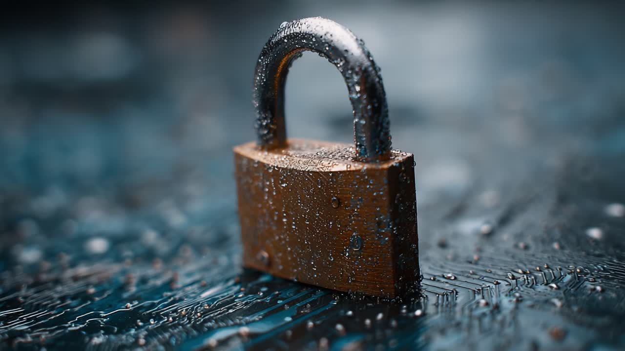 A Close-Up View of a Rusty Padlock Surrounded by Water Droplets, Highlighting the Intricacies of its Design Against a Textured Surface