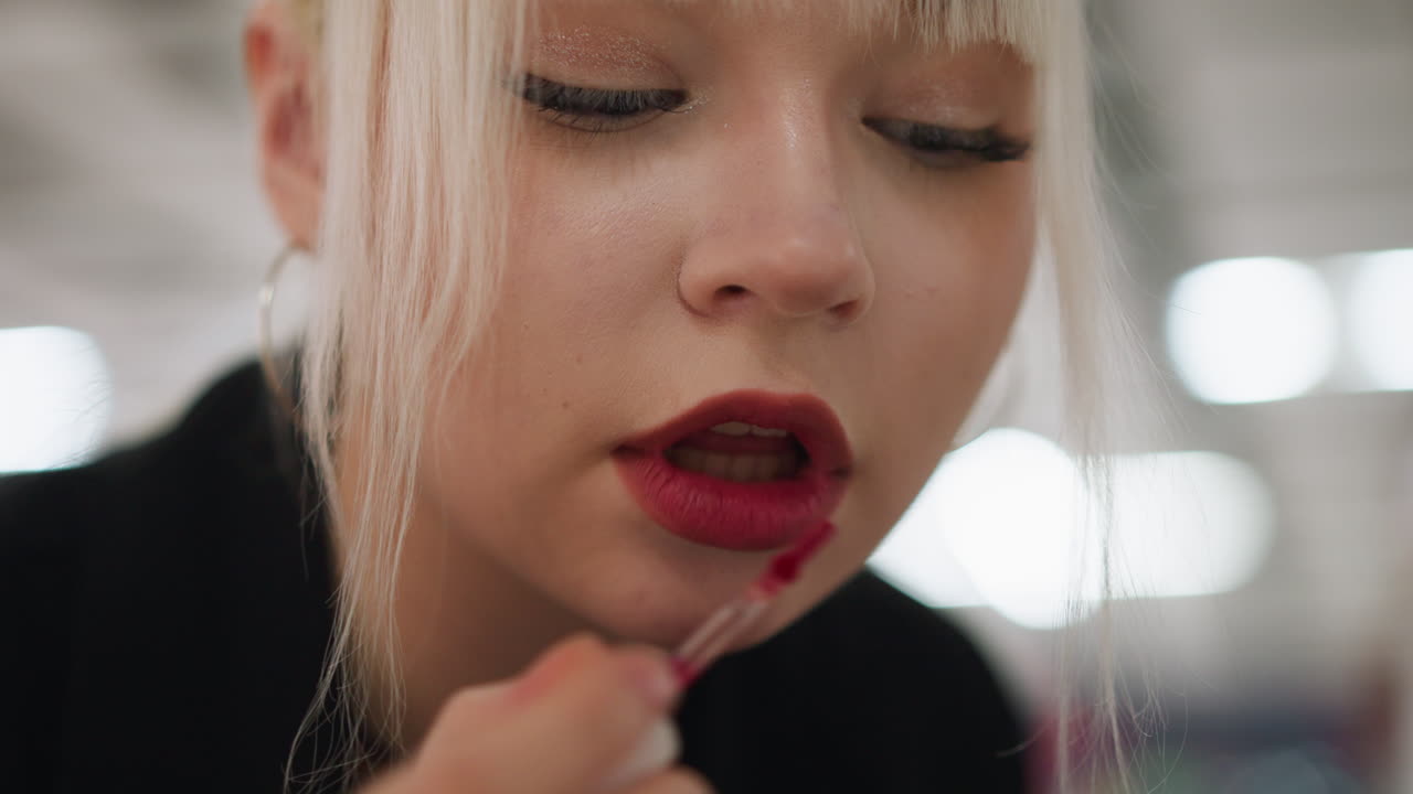Close up of blonde woman with hoop earrings smirking lips while adjusting painted makeup with subtle confidence, showcasing beauty and elegance in candid detail with blurred indoor background