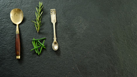 two metal spoons with chives and rosemary 4k