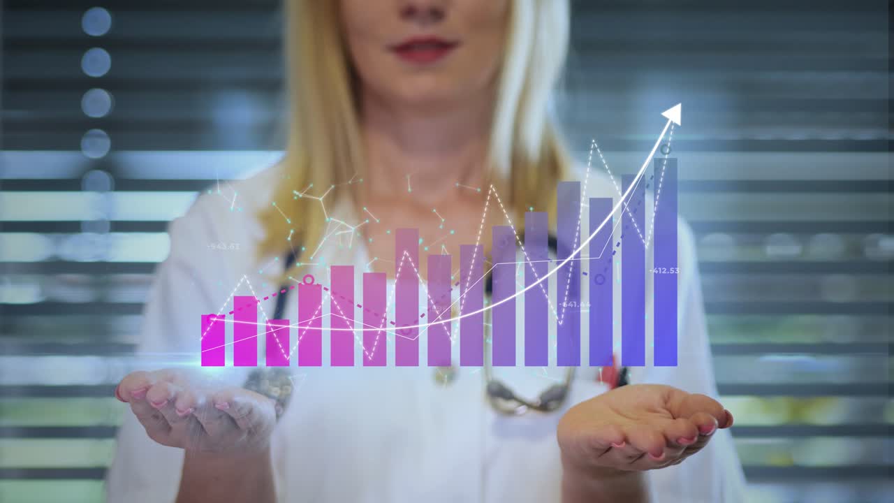 Doctor Holds A Holographic Bar And Line Graph Representing The Global Growth And Improvement Of Healthcare Wealth. - graphics