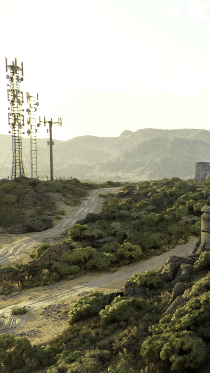Ancient ruins rise above green hills in a serene twilight landscape
