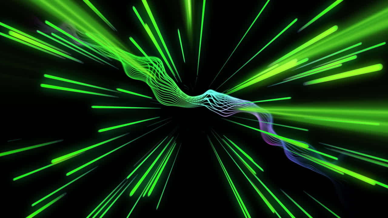 animación de ondas de luz verde y púrpura sobre fondo negro con haces radiales