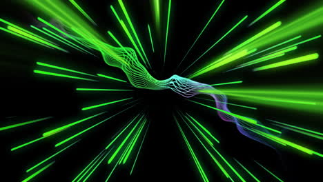 green and purple light waves animation over black background with radial beams