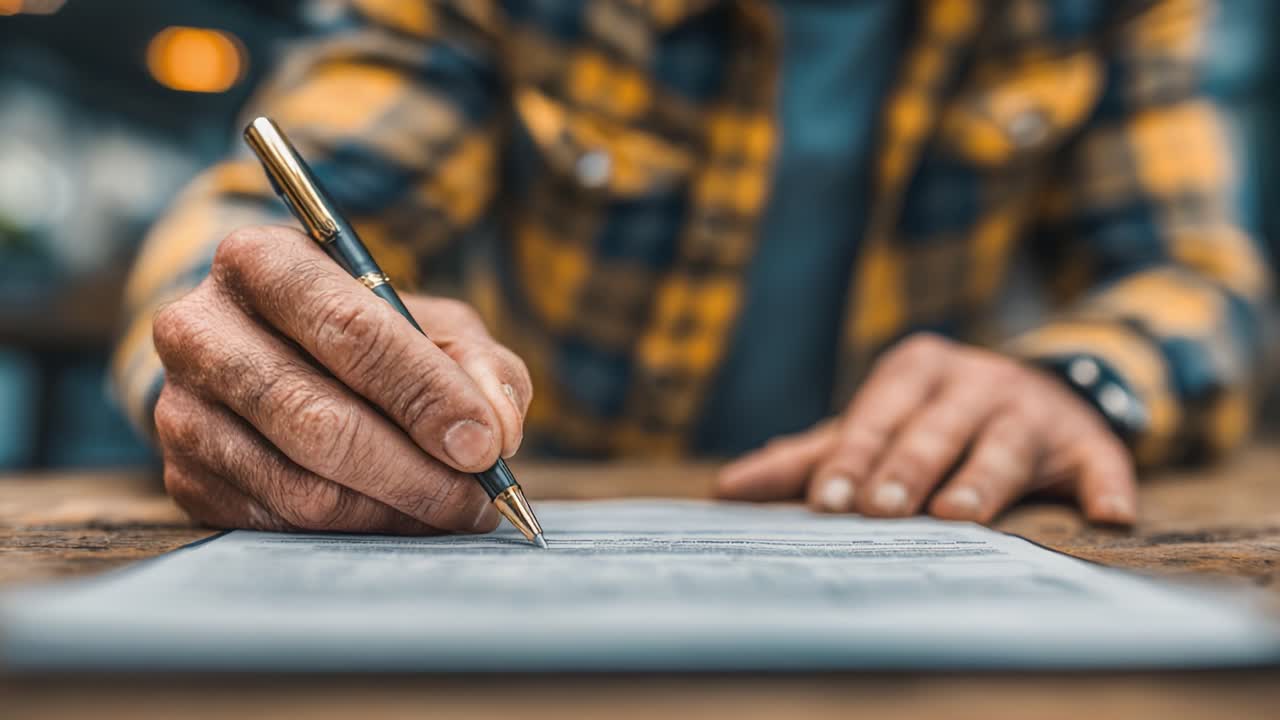 A Person in a Checkered Shirt Signing a Document with a Pen, Capturing the Essence of Commitment and Formality in a Professional Setting