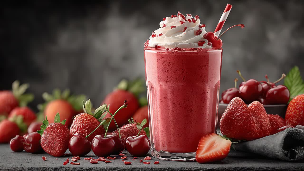 Concediti un goloso milkshake alla fragola e ciliegia, guarnito con panna montata e vivaci codette rosse, perfetto per una delizia rinfrescante o un'esperienza da dessert.