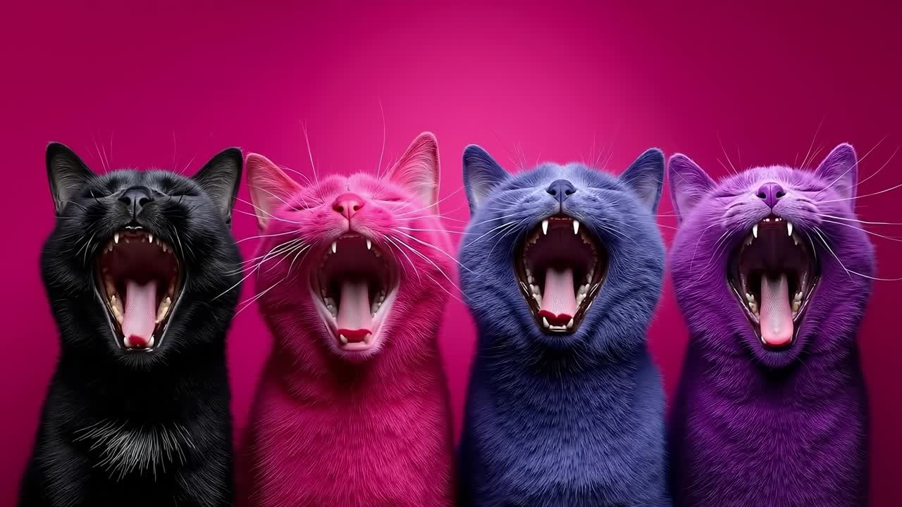 A group of four cats with their mouths open and their mouths wide open