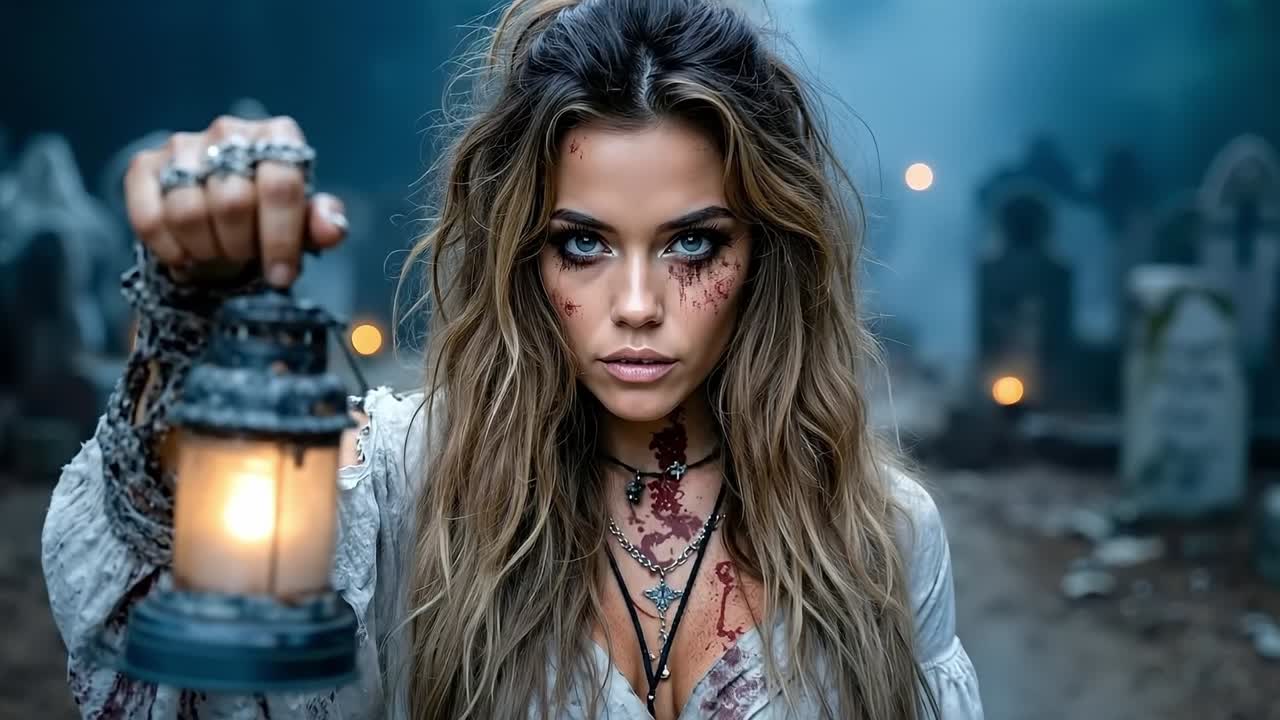 A woman holding a lantern in a cemetery