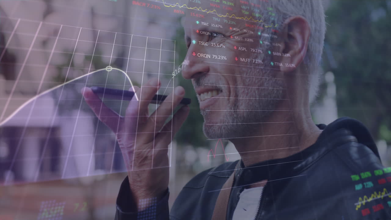 Animation of graphs, trading boards, senior caucasian man talking on speaker of cellphone