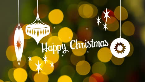 animation of happy christmas text with decorations over light spots