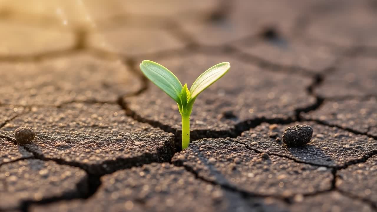 Resilienza della Natura: Una Piccola Piantina Emerge dal Terreno Screpolato, Simboleggiando Speranza e Rinnovamento nelle Condizioni Più Dure di Siccità e Avversità