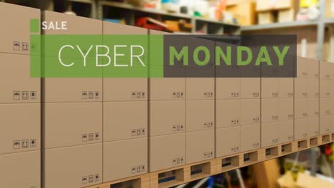 Animation-of-cyber-monday-text-over-cardboard-boxes-on-conveyor-belt