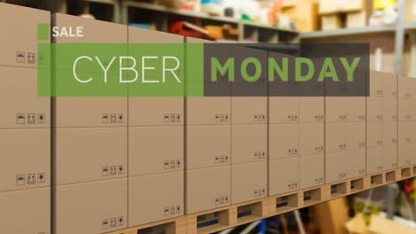 animation of cyber monday text over cardboard boxes on conveyor belt