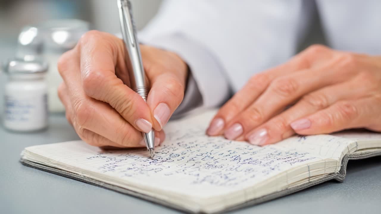 A close-up view of a hand writing in a notebook with a pen, showcasing the meticulous recording of information and notes in a professional or academic setting