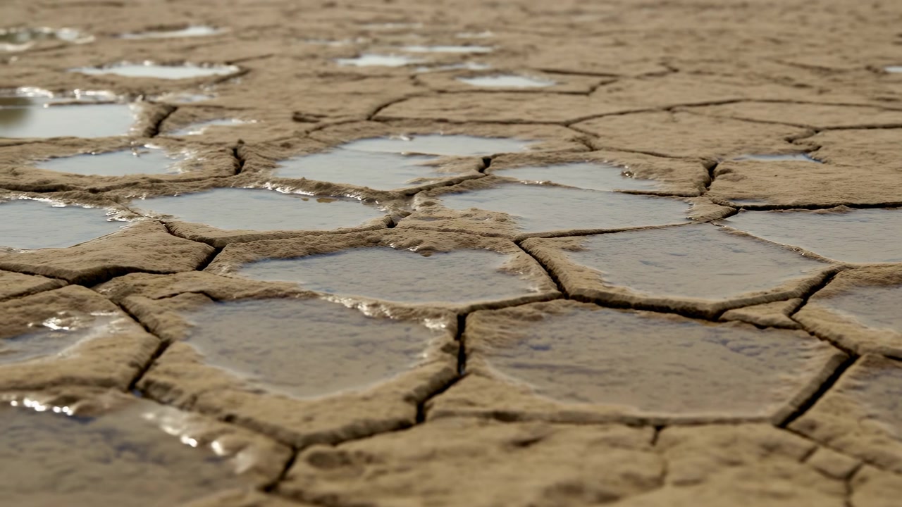 Primo piano dal basso di una superficie di argilla piatta e screpolata con depressioni esagonali poco profonde che contengono acqua riflettente. Bordi di fango fragili e rialzati e sottili pellicole d'acqua.