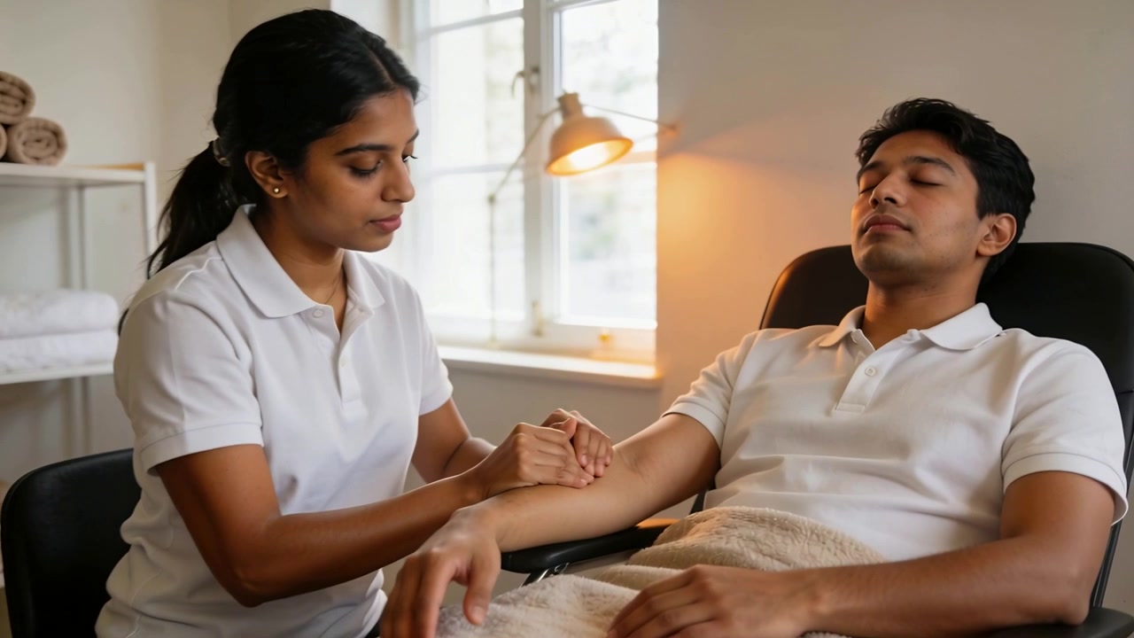 Placing client's wrist, therapist in white polo kneading forearm with hands in room for relief