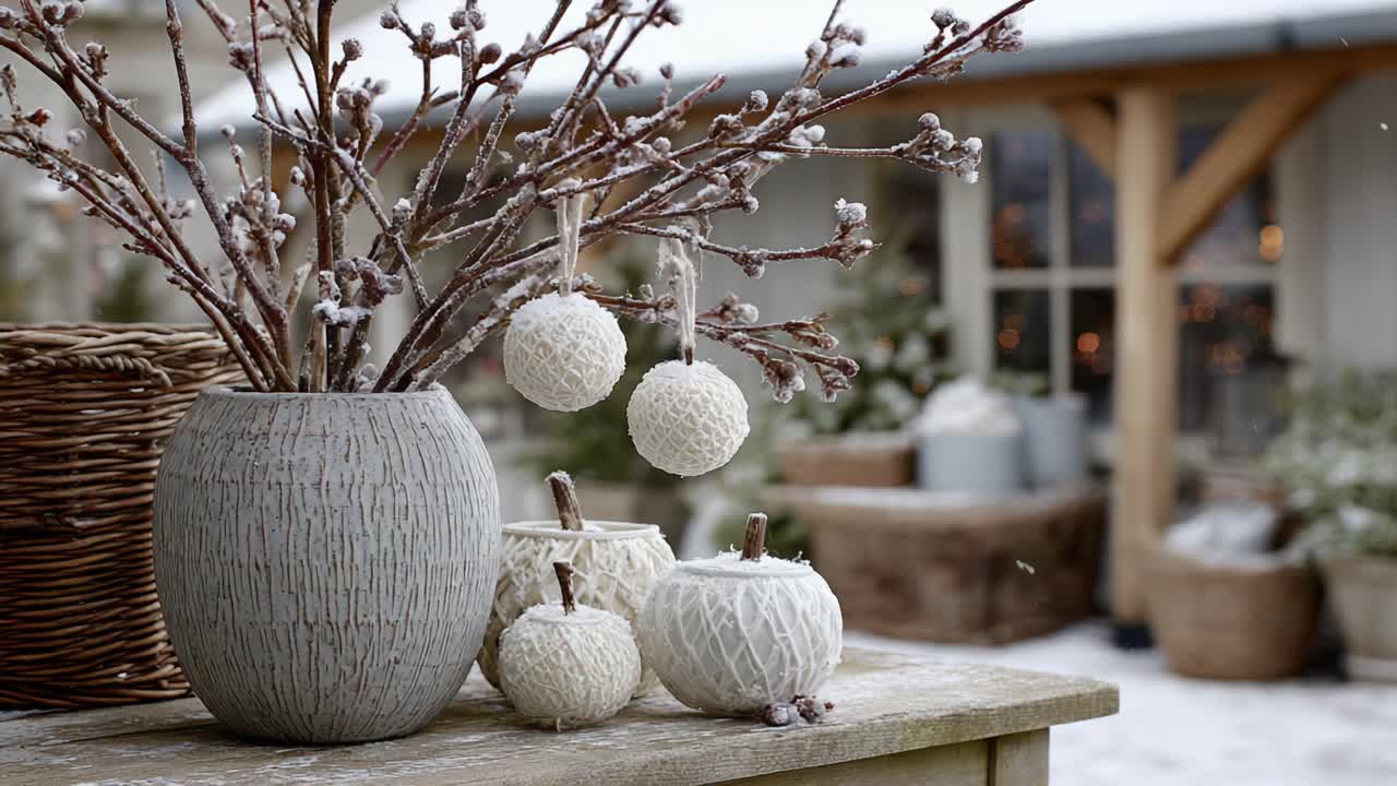 Winter Decorations: A Cozy Scene Featuring Frosty Branches and Textured Ornaments Captured in a Charming Outdoor Setting