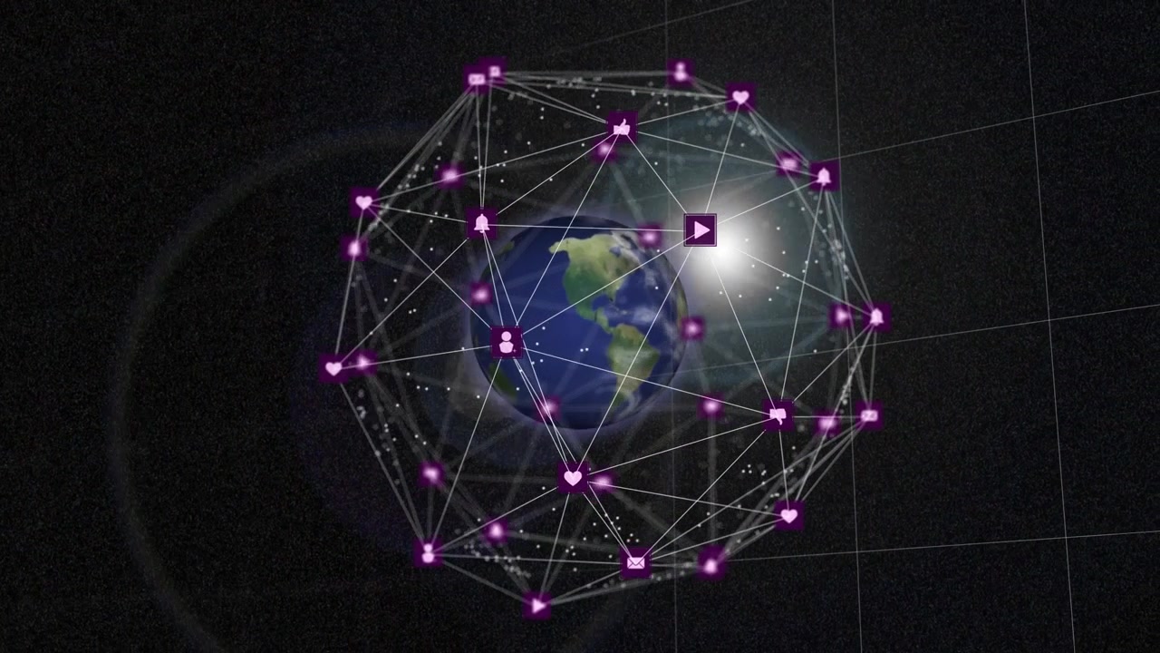 Bright flare appearing, thin mesh rotating Earth, nodes pulsing and grouping, showing global data