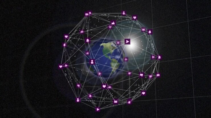 Bright flare appearing, thin mesh rotating Earth, nodes pulsing and grouping, showing global data