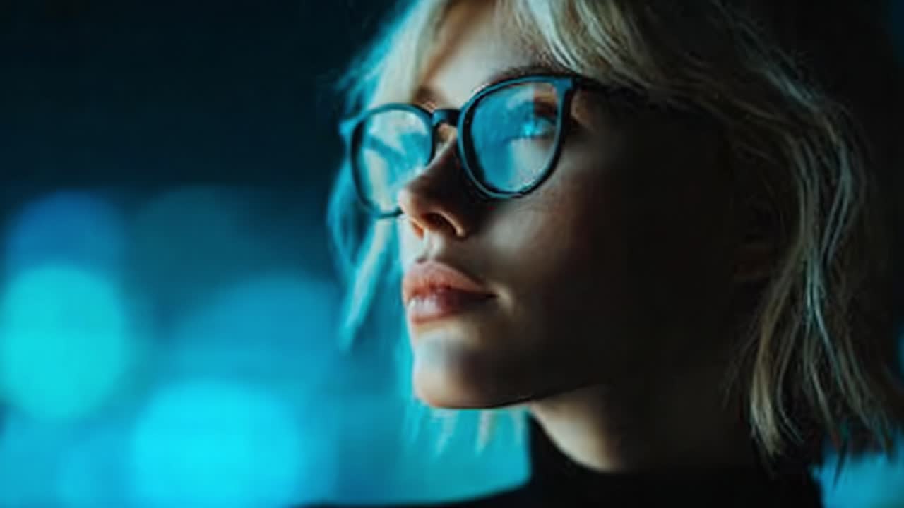 A Young Woman with Stylish Glasses Gazes Thoughtfully into the Distance Against a Softly Lit Background, Capturing a Moment of Reflection and Contemplation