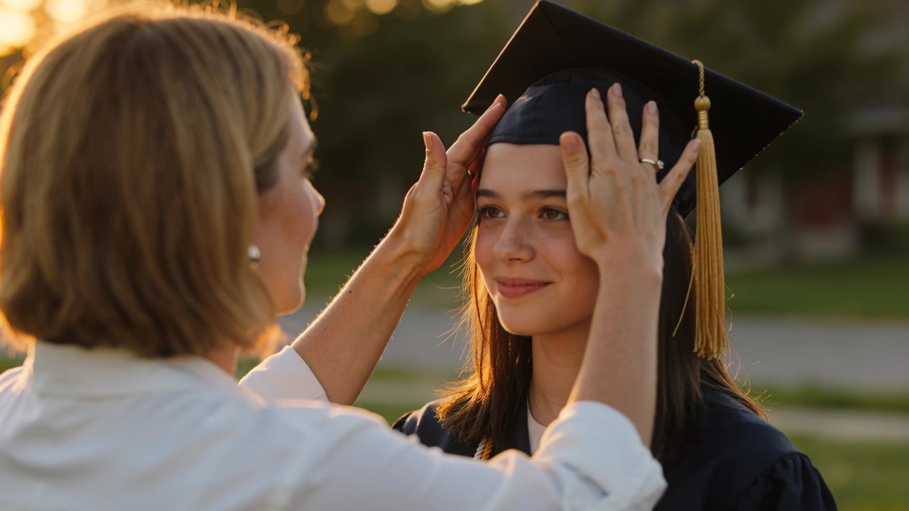 Madre che sistema il tocco di laurea e i cordoni d'onore, mentre la figlia si protende verso la nappa nel giardino di casa