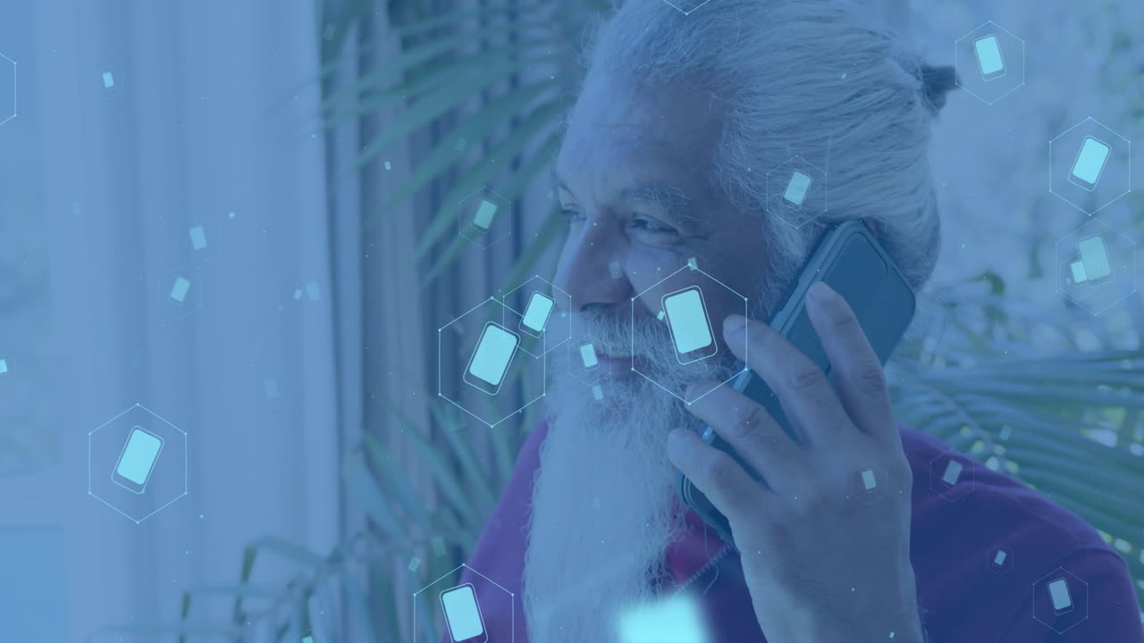 스마트 폰을 사용하는 고위 양색 남성에 대한 아이콘과 연결 네트워크의 애니메이션