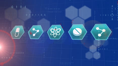 animación de procesamiento de datos e iconos médicos sobre un fondo azul