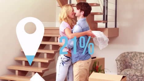 animation of blue location pin and percent over caucasian couple with boxes moving in to new home