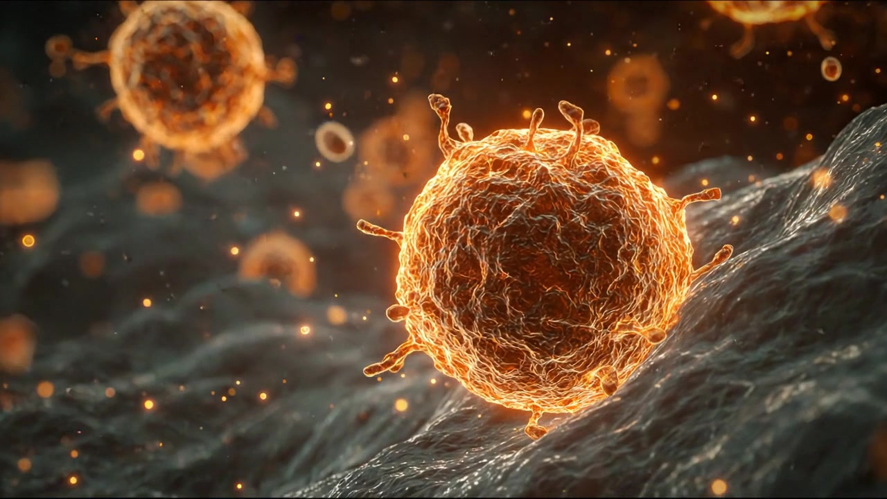 Glødende mikroskopisk immuncelle omgivet af svævende biologiske partikler