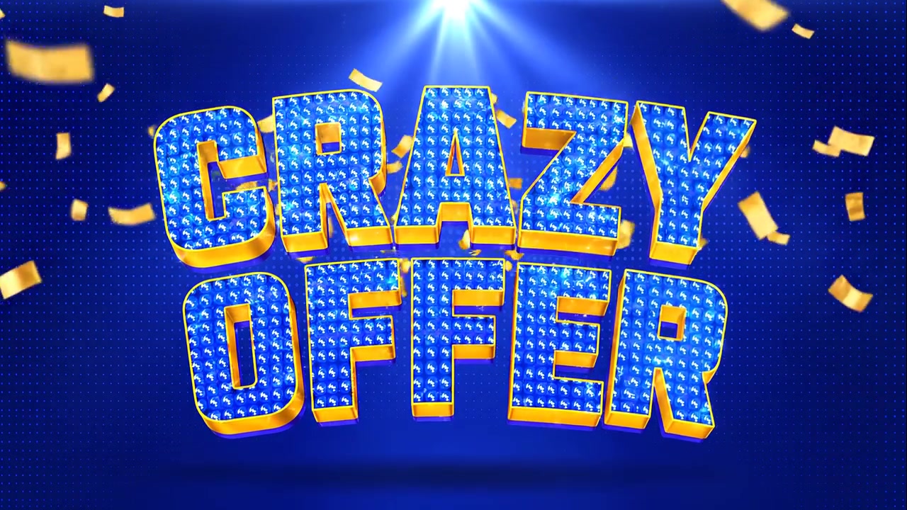 Animazione banner promozionale 'Offerta Pazzesca' con tipografia luminosa in stile insegna su sfondo blu