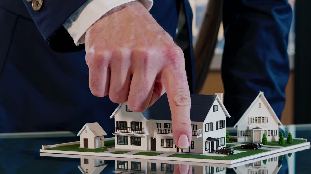 Inquadratura dal basso di una mano che indica un modello di casa in miniatura su un tavolo, che comunica il settore immobiliare.
