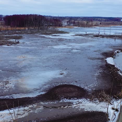 Ecology in danger. Dirty lake with polluted water in the countryside. Ecological disaster. Environmental problems. Aerial view