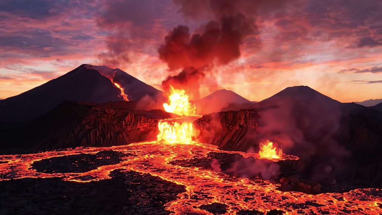 Et Betagende Udbrud: Majestætisk Lava Flyder og Røg Vælter Frem i et Vulkansk Landskab ved Skumring, der Viser Naturens Rå Kraft og Skønhed Under den Flammende Himmel