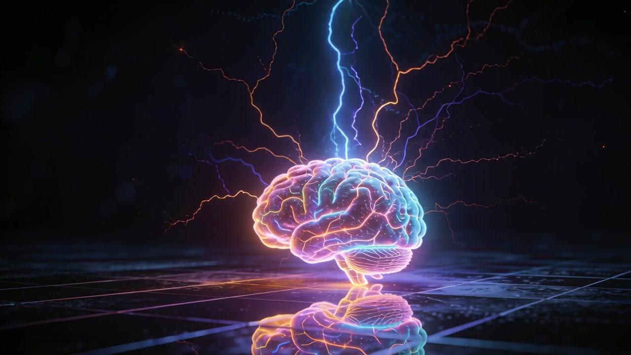 Fulmine che colpisce e carica un cervello al neon in una camera oscura, emettendo archi multicolori su un pavimento a griglia.