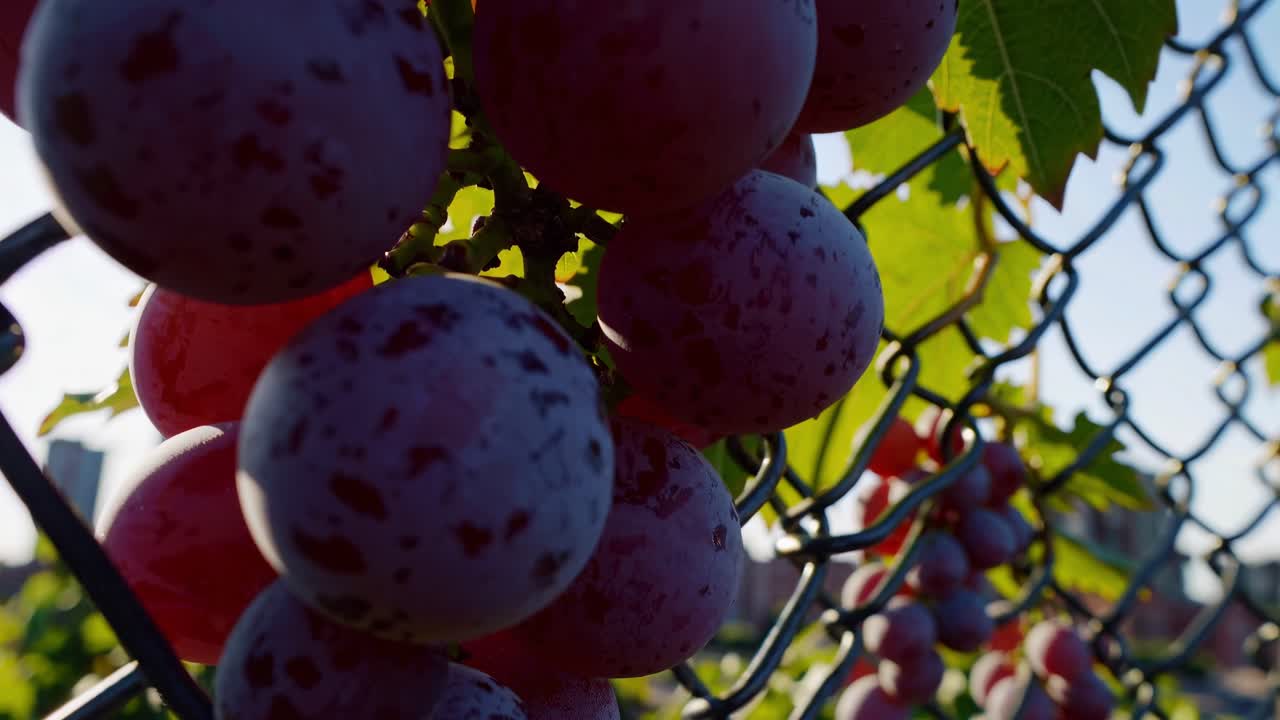 Ripening grape clusters hanging from grapevines, growing within urban agricultural setting, metal fence framing city skyline in sunlight drenched background