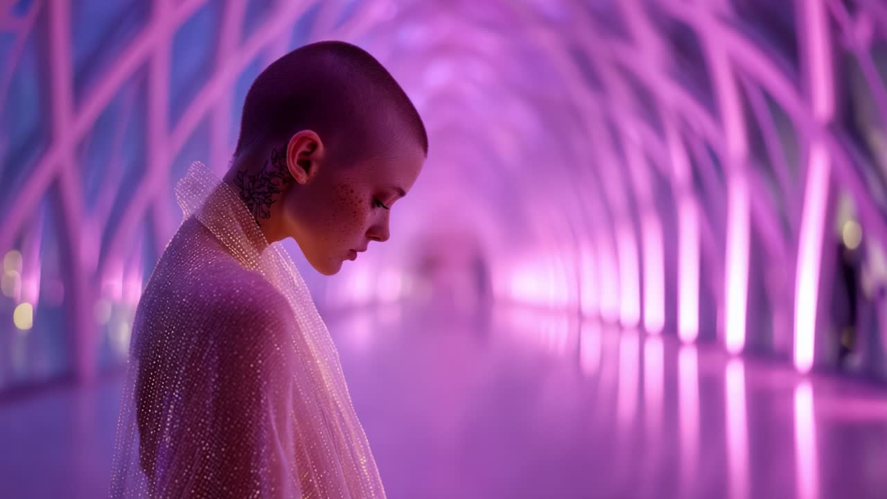 A mesmerizing portrait of introspection featuring a shaven-headed individual adorned in a shimmering, translucent garment, captured in a futuristic, softly-lit corridor with purple hues