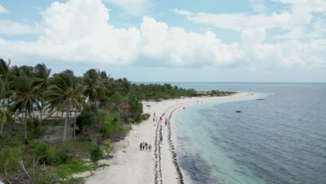 Aerial-dolly-above-tourists-strolling-on-canimeran-island-sandy-beach-and-palm-trees